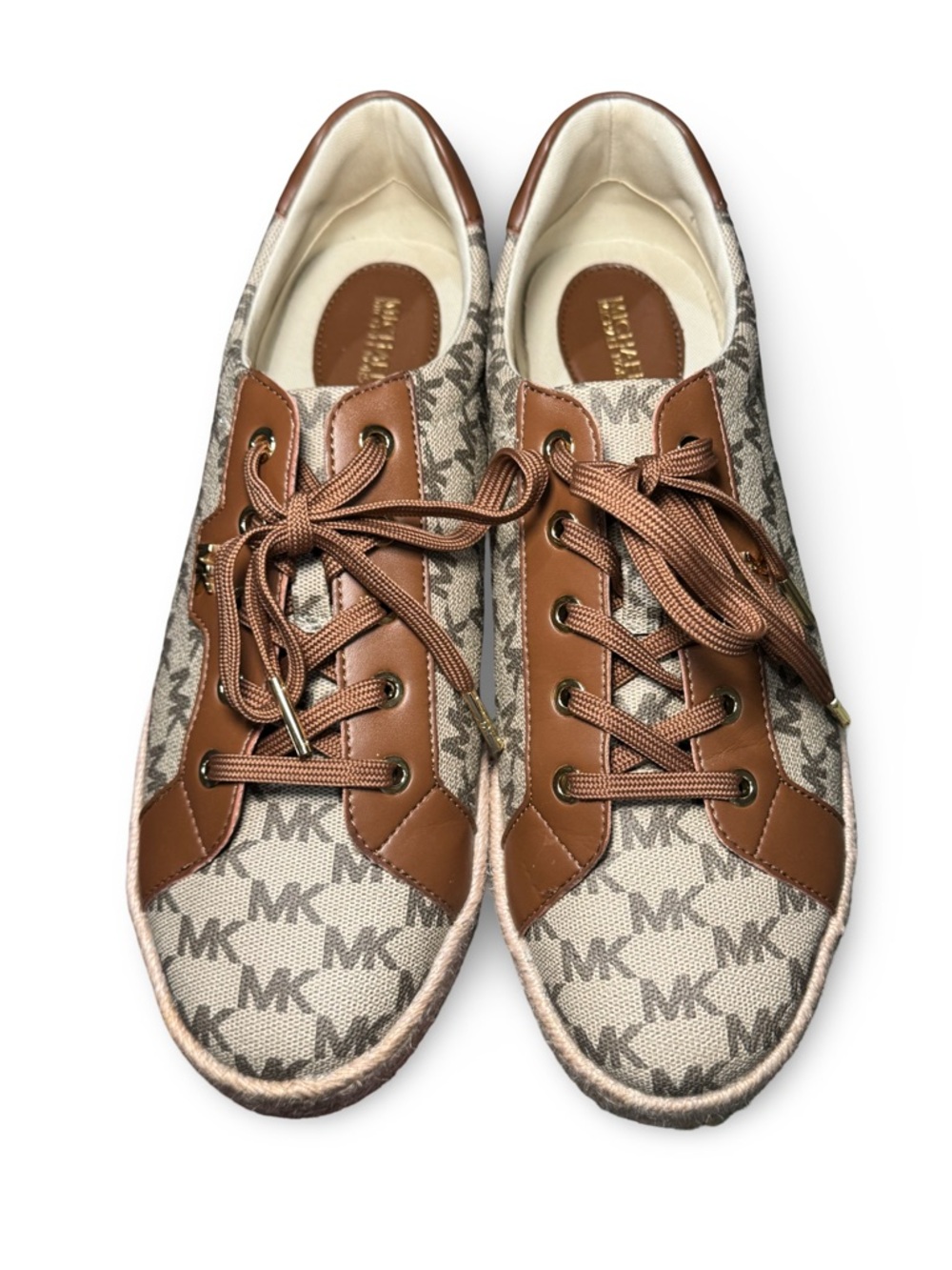 🤎▫️ Michael Kors Bryson Beige Canvas MK Logo Sneakers Brown Trim espadrille ▫️🤎